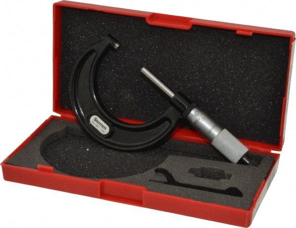 Starrett - 1 to 2" Range, 0.001" Graduation, Mechanical Outside Micrometer - Ratchet Stop Thimble, Accurate to 0.0001" - Exact Tool & Supply