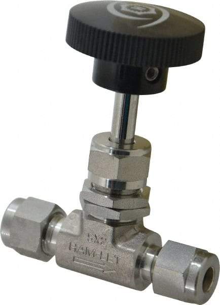 Ham-Let - 5,000 Max psi, 1/4" Pipe, 316 Grade Stainless Steel, Inline Stem Regulating Instrumentation Needle Valve - Compression x Compression End Connections, Swaglok SS-1RS4 - Exact Tool & Supply