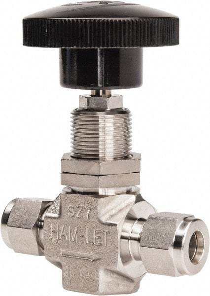 Ham-Let - 5,000 Max psi, 3/8" Pipe, 316 Grade Stainless Steel, Inline Stem Regulating Instrumentation Needle Valve - Compression x Compression End Connections, Swaglok SS-1RS6 - Exact Tool & Supply