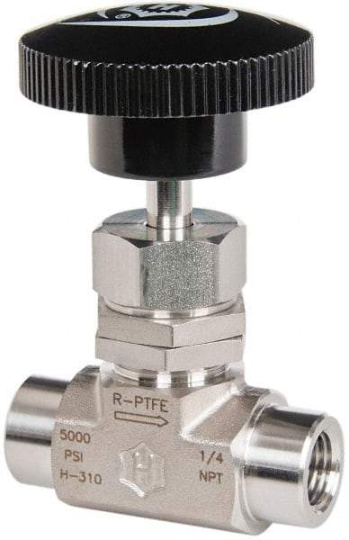Ham-Let - 5,000 Max psi, 1/4" Pipe, 316 Grade Stainless Steel, Inline Stem Vee Instrumentation Needle Valve - FNPT x FNPT End Connections, Swaglok SS-1VF4 - Exact Tool & Supply