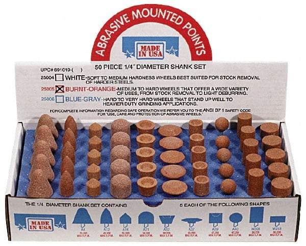 Made in USA - 100 Piece Aluminum Oxide Vitrified Mounted Stone Abrasive Point Set - Includes Shapes A4, A12, A14, A21, A32, A37, A39, A40, W206 & W218 - Exact Tool & Supply