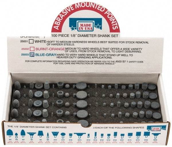 Made in USA - 100 Piece Aluminum Oxide Vitrified Mounted Stone Abrasive Point Set - Includes Shapes B42, B45, B52, B81, B91, B97, B102, B122, B136, W144, W146, W152, W160, W163, W167, W175, W176, W185, W200 & W215 - Exact Tool & Supply