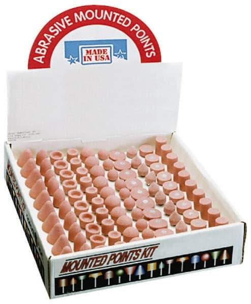 Made in USA - 100 Piece Aluminum Oxide Vitrified Mounted Stone Abrasive Point Set - Includes Shapes A4, A12, A14, A21, A32, A37, A39, A40, W206 & W218 - Exact Tool & Supply