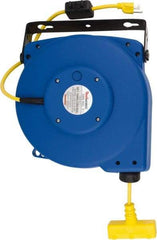 Value Collection - 16 AWG, 50' Cable Length, Cord & Cable Reel with Outlet End - 3 Outlets, NEMA 5-15, 10 Amps, SJT, SJTOW Cable, Blue Reel - Exact Tool & Supply