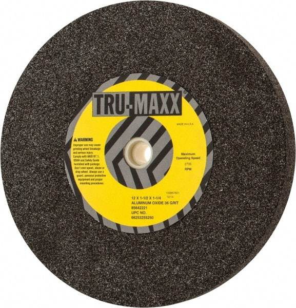 Tru-Maxx - 36 Grit Aluminum Oxide Bench & Pedestal Grinding Wheel - 12" Diam x 1-1/4" Hole x 1-1/2" Thick, 2705 Max RPM, P Hardness, Very Coarse Grade , Vitrified Bond - Exact Tool & Supply