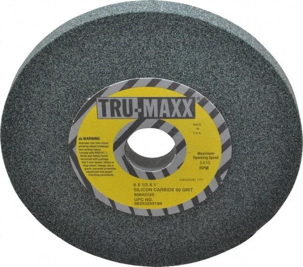 Tru-Maxx - 60 Grit Silicon Carbide Bench & Pedestal Grinding Wheel - 6" Diam x 1" Hole x 1/2" Thick, 5410 Max RPM, K Hardness, Medium Grade , Vitrified Bond - Exact Tool & Supply