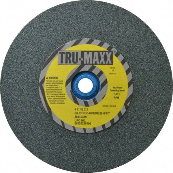 Tru-Maxx - 80 Grit Silicon Carbide Bench & Pedestal Grinding Wheel - 6" Diam x 1" Hole x 1/2" Thick, 5410 Max RPM, K Hardness, Medium Grade , Vitrified Bond - Exact Tool & Supply