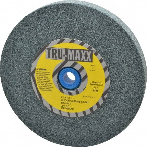 Tru-Maxx - 60 Grit Silicon Carbide Bench & Pedestal Grinding Wheel - 6" Diam x 1" Hole x 3/4" Thick, 5410 Max RPM, K Hardness, Medium Grade , Vitrified Bond - Exact Tool & Supply