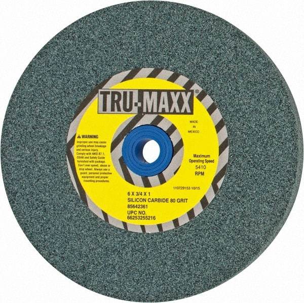 Tru-Maxx - 80 Grit Silicon Carbide Bench & Pedestal Grinding Wheel - 6" Diam x 1" Hole x 3/4" Thick, 5410 Max RPM, K Hardness, Medium Grade , Vitrified Bond - Exact Tool & Supply