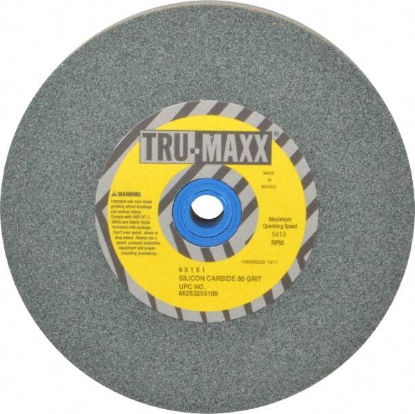 Tru-Maxx - 80 Grit Silicon Carbide Bench & Pedestal Grinding Wheel - 6" Diam x 1" Hole x 1" Thick, 5410 Max RPM, K Hardness, Medium Grade , Vitrified Bond - Exact Tool & Supply