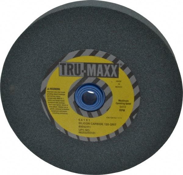 Tru-Maxx - 120 Grit Silicon Carbide Bench & Pedestal Grinding Wheel - 6" Diam x 1" Hole x 1" Thick, 5410 Max RPM, K Hardness, Fine Grade , Vitrified Bond - Exact Tool & Supply