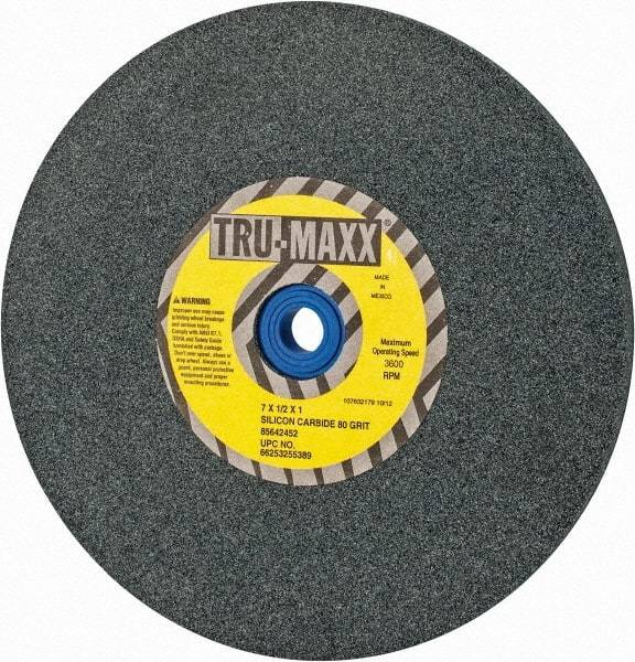 Tru-Maxx - 80 Grit Silicon Carbide Bench & Pedestal Grinding Wheel - 7" Diam x 1" Hole x 1/2" Thick, 3600 Max RPM, K Hardness, Medium Grade , Vitrified Bond - Exact Tool & Supply
