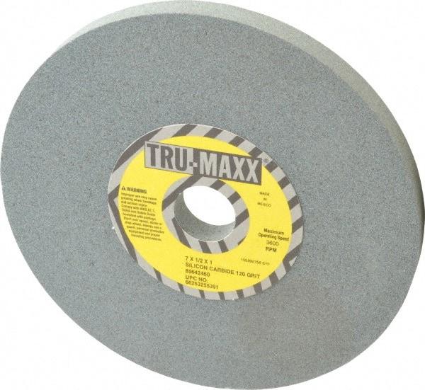Tru-Maxx - 120 Grit Silicon Carbide Bench & Pedestal Grinding Wheel - 7" Diam x 1" Hole x 1/2" Thick, 3600 Max RPM, K Hardness, Fine Grade , Vitrified Bond - Exact Tool & Supply