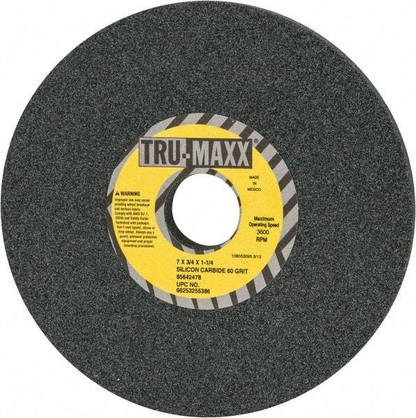 Tru-Maxx - 60 Grit Silicon Carbide Bench & Pedestal Grinding Wheel - 7" Diam x 1-1/4" Hole x 3/4" Thick, 3600 Max RPM, K Hardness, Medium Grade , Vitrified Bond - Exact Tool & Supply