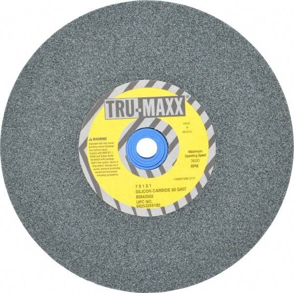 Tru-Maxx - 60 Grit Silicon Carbide Bench & Pedestal Grinding Wheel - 7" Diam x 1" Hole x 1" Thick, 3600 Max RPM, K Hardness, Medium Grade , Vitrified Bond - Exact Tool & Supply