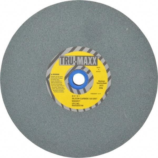 Tru-Maxx - 120 Grit Silicon Carbide Bench & Pedestal Grinding Wheel - 8" Diam x 1" Hole x 1" Thick, 3600 Max RPM, K Hardness, Fine Grade , Vitrified Bond - Exact Tool & Supply