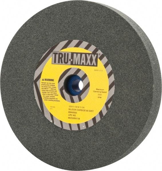 Tru-Maxx - 80 Grit Silicon Carbide Bench & Pedestal Grinding Wheel - 10" Diam x 1-1/4" Hole x 1-1/2" Thick, 3250 Max RPM, K Hardness, Medium Grade , Vitrified Bond - Exact Tool & Supply