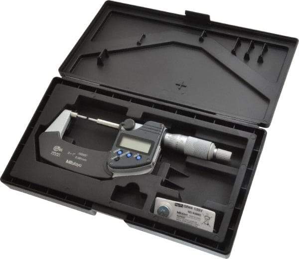 Mitutoyo - 1 Inch, 1.2598 Inch Throat Depth, Electronic Spline Micrometer - Accurate Up to 0.0001 Inch, 1/4 Inch Spindle Diameter, 0.18mm Head Diameter, Ratchet Stop Thimble, Data Output - Exact Tool & Supply