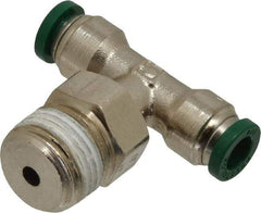 Parker - 1/4" Outside Diam, 3/8 NPTF, Nickel Plated Brass Push-to-Connect Tube Male Swivel Branch Tee - 300 Max psi, Tube to Male NPT Connection, Buna-N O-Ring - Exact Tool & Supply