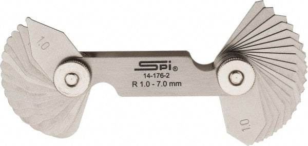 SPI - 34 Piece, 1 to 7 mm Radius, Stainless Steel Radius Gage Set - Style B, 0.25 mm Graduation - Exact Tool & Supply