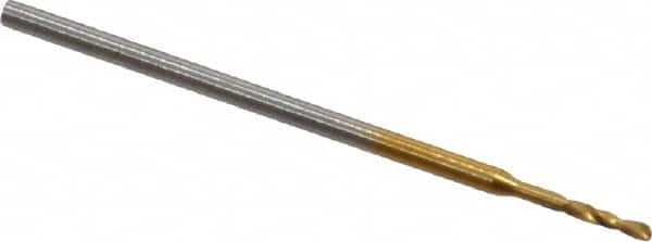 Micro Drill Bit: 0.0248″ Dia, 118 °, Cobalt TiN Finish, 0.984″ OAL, RH Cut, Spiral Flute, Straight-Cylindrical Shank, Series 660