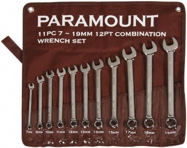 Paramount - 11 Piece, 7mm to 19mm, 12 Point Combination Wrench Set - Metric Measurement Standard, Full Polish Chrome Finish, Comes in Canvas Roll - Exact Tool & Supply