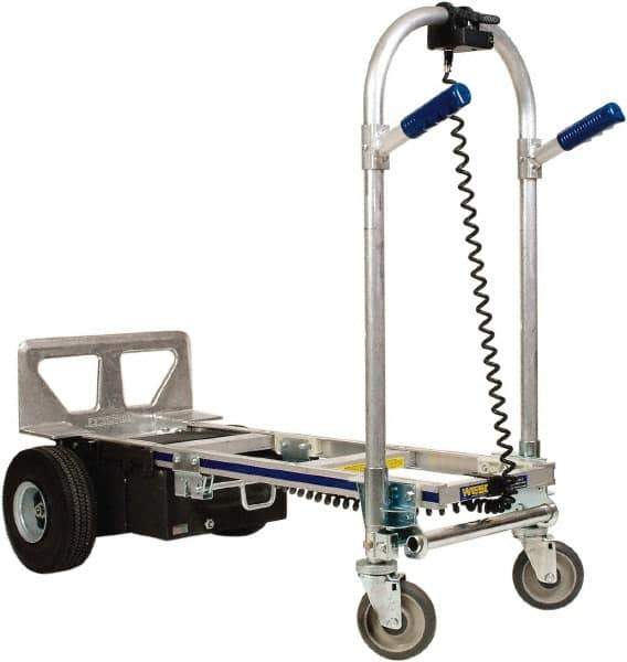 Wesco Industrial Products - 1,200 Lb Capacity 51-3/4" OAH Battery Powered Convertible Hand Truck - 18 x 7-1/2" Base Plate, Dual Grip/Loop Handle, Aluminum, Full Pneumatic Wheels - Exact Tool & Supply