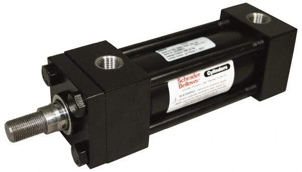 Schrader Bellows - 2-1/2" Bore, 1" Rod Diam, Double Acting NFPA Tie Rod Cylinder - 4" Stroke Length, 3/4-16 Rod Thread, 11-1/4" OAL, Prepared for Bolt on Mount - Exact Tool & Supply