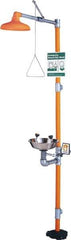 PRO-SAFE - 1-1/4" Inlet, 20 GPM shower Flow, Drench shower & Eyewash Station - Bowl, Triangular Pull Rod & Push Flag Activated, Galvanized Steel Pipe, Plastic Shower Head, 0.4 GPM Bowl Flow, Corrosion Resistant, Top or Mid Supply - Exact Tool & Supply