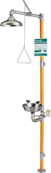 PRO-SAFE - 1-1/4" Inlet, 20 GPM shower Flow, Drench shower, Eye & Face Wash Station - Bowl, Triangular Pull Rod & Push Flag Activated, Stainless Steel Pipe, Stainless Steel Shower Head, 3 GPM Bowl Flow, Corrosion Resistant, Top or Mid Supply - Exact Tool & Supply