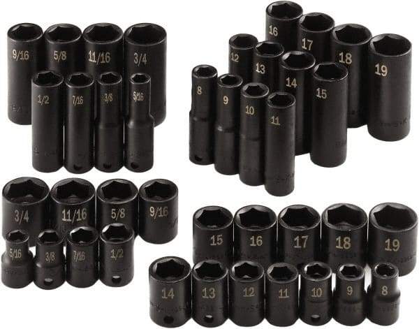 SK - 40 Piece 3/8" Drive Standard Socket Set - 6 Points, 5/16 to 3/4", 8 to 19mm, Inch/Metric Measurement Standard - Exact Tool & Supply