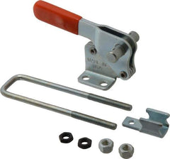 Lapeer - 1,000 Lb Capacity, Vertical, U Hook, Flanged Base, Carbon Steel Pull Action Latch Clamp - 2" Drawing Movement, 4" OAL, Straight Handle - Exact Tool & Supply