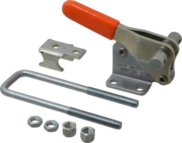 Lapeer - 2,000 Lb Capacity, Vertical, U Hook, Flanged Base, Carbon Steel Pull Action Latch Clamp - 2-1/2" Drawing Movement, 5.21" OAL, Straight Handle - Exact Tool & Supply