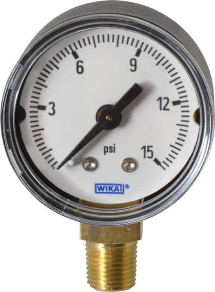 Wika - 1-1/2" Dial, 1/8 Thread, 0-15 Scale Range, Pressure Gauge - Lower Connection Mount, Accurate to 3-2-3% of Scale - Exact Tool & Supply