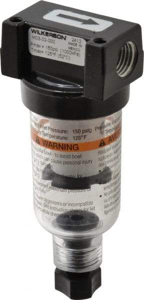 Wilkerson - 1/4" Port Coalescing Filter - Polycarbonate Bowl, Manual Drain, 150 Max psi, 1.69" Wide x 4.21" High - Exact Tool & Supply