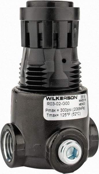 Wilkerson - 1/4 NPT Port, 15 CFM, Zinc Miniature Regulator - 2 to 125 psi Range, 300 Max psi Supply Pressure, 1/8" Gauge Port Thread, 1.65" Wide x 2.88" High - Exact Tool & Supply