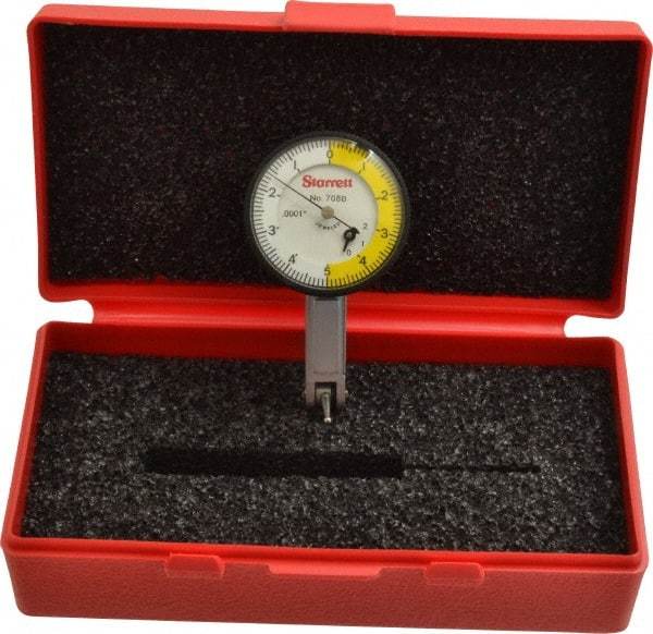 Starrett - 0.02 Inch Range, 0.0001 Inch Dial Graduation, Horizontal Dial Test Indicator - 1-3/8 Inch White Dial, 0-5-0 Dial Reading - Exact Tool & Supply