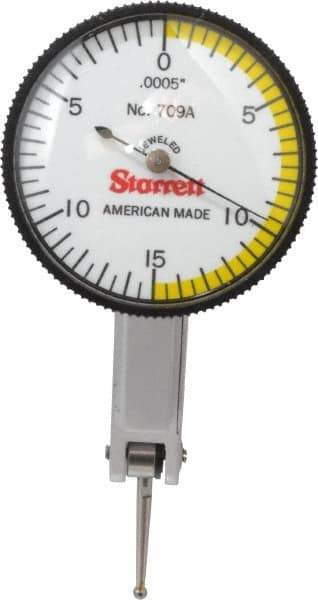 Starrett - 0.03 Inch Range, 0.0005 Inch Dial Graduation, Horizontal Dial Test Indicator - 1-3/8 Inch White Dial, 0-15-0 Dial Reading - Exact Tool & Supply