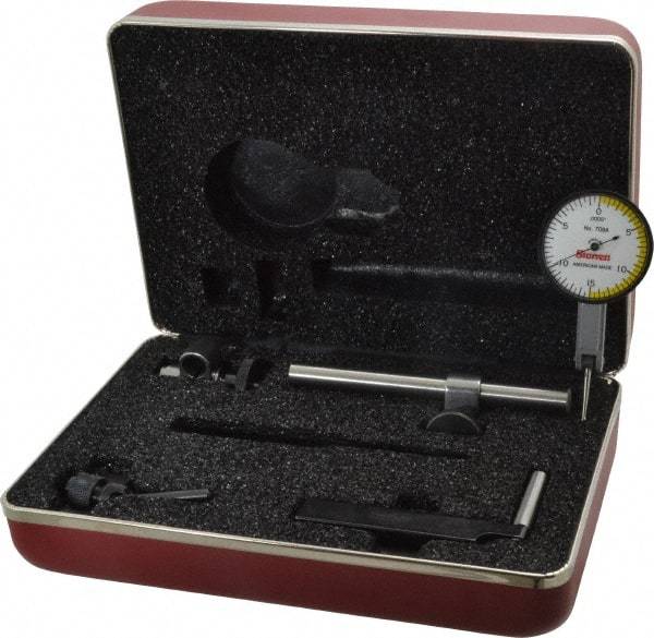 Starrett - 7 Piece, 0" to 0.03" Measuring Range, 1-3/8" Dial Diam, 0-15-0 Dial Reading, White Dial Test Indicator Kit - 13/16" Contact Point Length, 2mm Ball Diam, 0.0005" Dial Graduation - Exact Tool & Supply