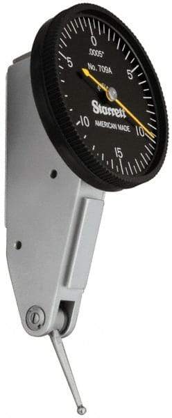 Starrett - 0.03 Inch Range, 0.0005 Inch Dial Graduation, Horizontal Dial Test Indicator - 1-3/8 Inch Black Dial, 0-15-0 Dial Reading - Exact Tool & Supply