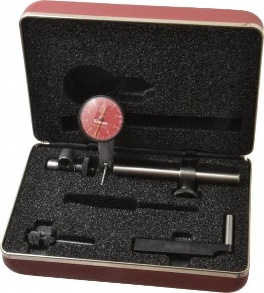 Starrett - 7 Piece, 0" to 0.01" Measuring Range, 1-3/8" Dial Diam, 0-5-0 Dial Reading, Red Dial Test Indicator Kit - 13/16" Contact Point Length, 2mm Ball Diam, 0.0001" Dial Graduation - Exact Tool & Supply