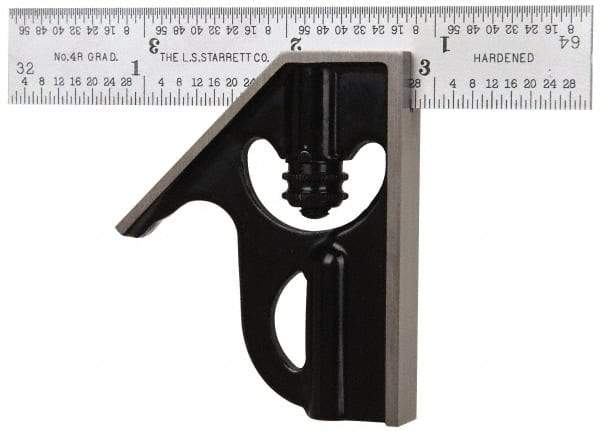 Starrett - 2 Piece, 4" Combination Square Set - 1/16, 1/32, 1/64 & 1/8" (4R) Graduation, Steel Blade, Forged Steel Square Head - Exact Tool & Supply