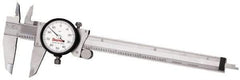 Starrett - 0mm to 150mm Range, 0.02 mm Graduation, 2mm per Revolution, Dial Caliper - Yellow Face, 1-1/2" Jaw Length, Accurate to 0.03mm - Exact Tool & Supply