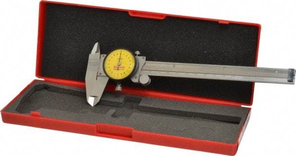 Starrett - 0mm to 150mm Range, 0.02 mm Graduation, 2mm per Revolution, Dial Caliper - Yellow Face, 1-1/2" Jaw Length, Accurate to 0.03mm - Exact Tool & Supply