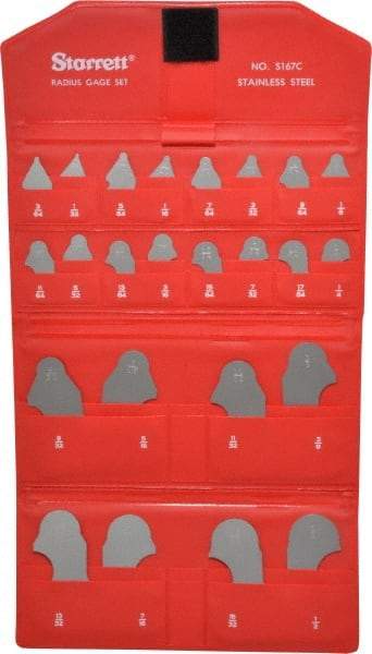 Starrett - 24 Piece, 1/32 to 1/2 Inch Radius, Stainless Steel Radius Gage Set - Satin Chrome Coated - Exact Tool & Supply
