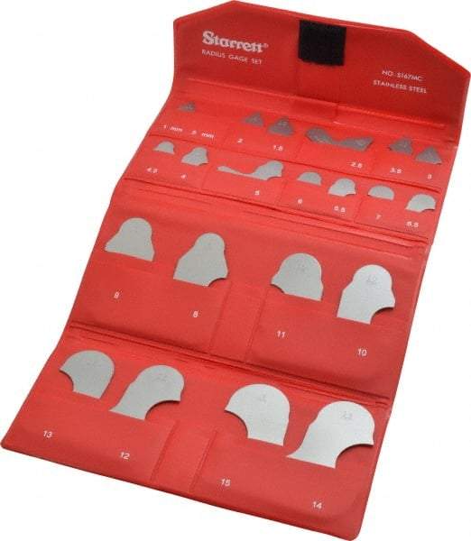 Starrett - 21 Piece, 1 to 15 mm Radius, Stainless Steel Radius Gage Set - Satin Chrome Coated - Exact Tool & Supply