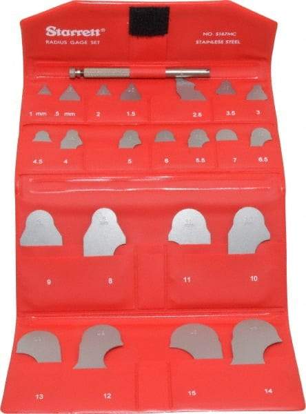 Starrett - 22 Piece, 0.5 to 15 mm Radius, Stainless Steel Radius Gage Set - Satin Chrome Coated - Exact Tool & Supply