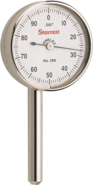 Starrett - 0.2 Inch Range, 0.001 Inch Dial Graduation, Horizontal Dial Test Indicator - 1-7/16 Inch White Dial, 0-100 Dial Reading - Exact Tool & Supply