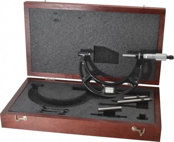 Starrett - 0 to 4" Range, 3 Piece Mechanical Outside Micrometer Set - 0.001" Graduation, Ratchet Stop Thimble, Steel Face - Exact Tool & Supply