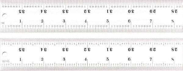 Starrett - 36" Long, 1/100, 1/64, 1/50, 1/32" Graduation, Rigid Spring Steel Rule - 16R Graduation Style, 1-1/2" Wide, Silver, Satin Chrome Finish - Exact Tool & Supply